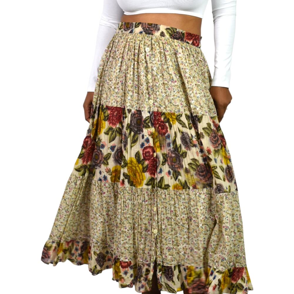 Vintage Tangibles Broomstick Skirt Tan Floral Tier Maxi Gauzy Rayon India Medium